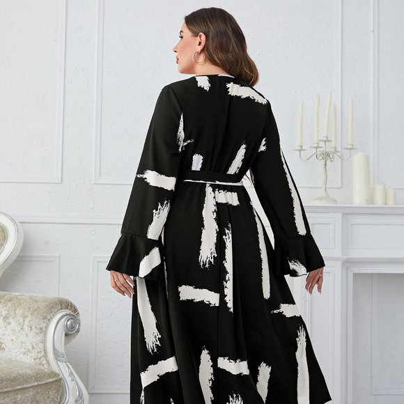 Melo Apparel Plus Size Printed Tie Belt Flare Sleeve Round Neck Midi Dress - Picture 5 of 7